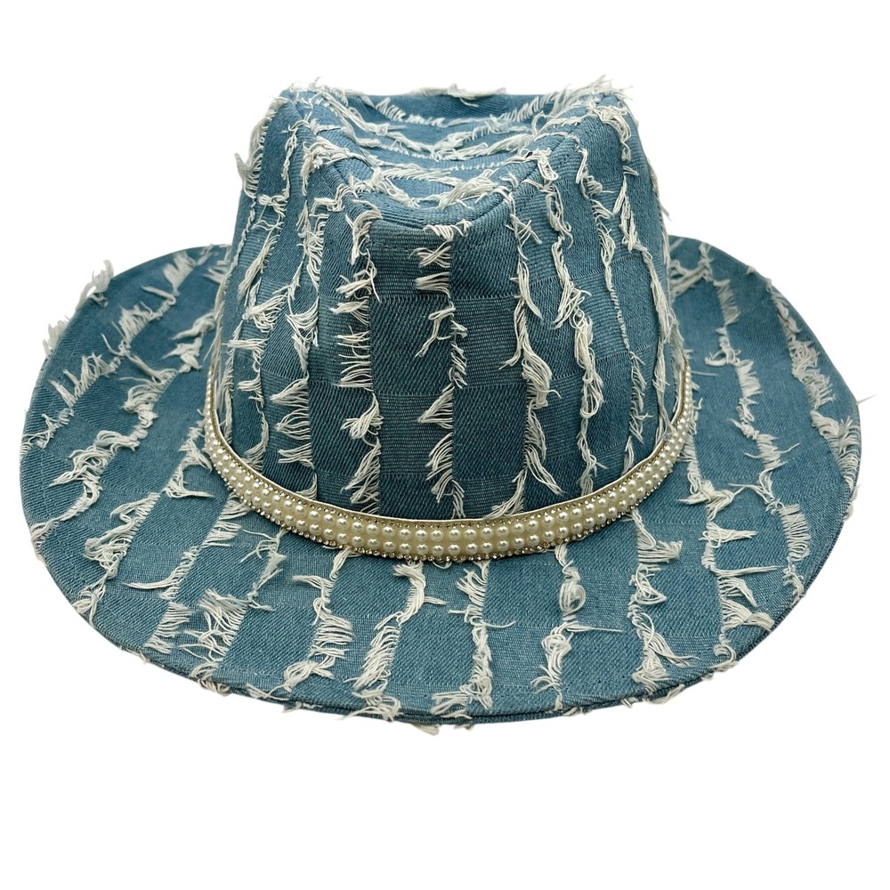 Blue Distressed Frayed Denim Pearl Rhinestone Fedora Hat Western Concert Country
